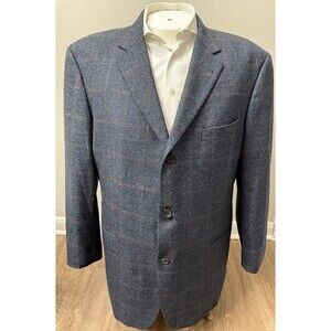 Hugo Boss Loro Piana Men Plaid Sport Jacket 46R Navy Blue Brown Blazer 3 Button